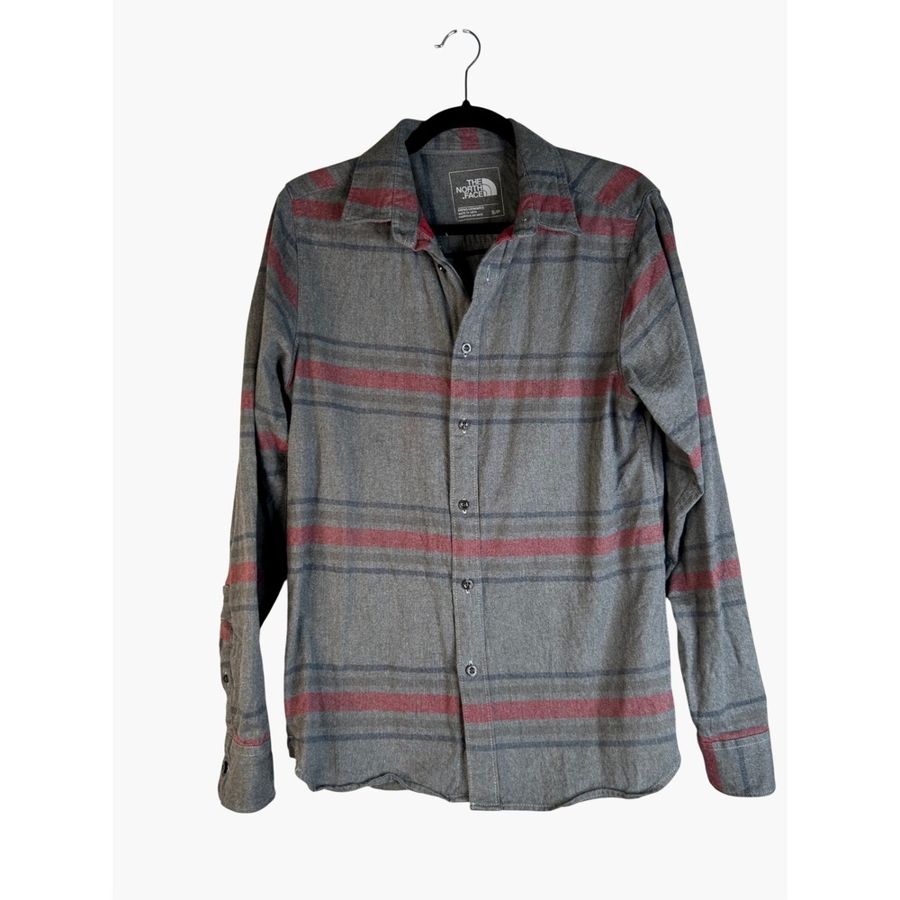 The North Face Men's Gray Red Striped Flannel Cotton Button Down Shirt Small